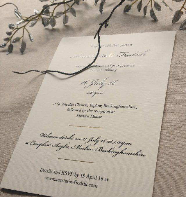 Classic and elegant wedding stationery suite with gold-foiled ampersand
